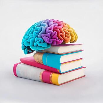 colorful brain with books, colorful books in clean white background photo