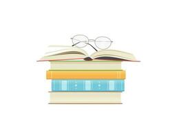 Stack of colorful books, open book and glasses. vector