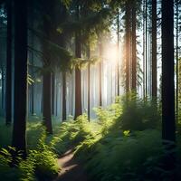 arboles en bosque ai generado, un verano Mañana con Dom foto