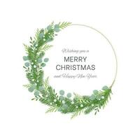 Christmas spruce wreath with eucalyptus branches, thuja and mistletoe berries. For festive decoration of cards, invitations, posters, banners, social media posts. vector