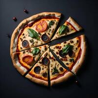 Pizza en negro antecedentes ai generado, comida publicidad imagen foto