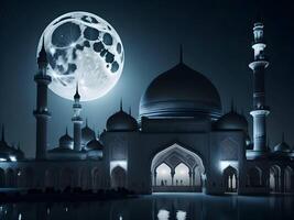 moon shining behind a mosque , islamic eid background generative image photo