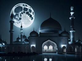 moon shining behind a mosque , islamic eid background generative image photo