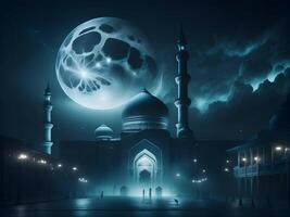 moon shining behind a mosque , islamic eid background generative image photo