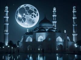 moon shining behind a mosque , islamic eid background generative image photo