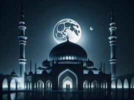 moon shining behind a mosque , islamic eid background generative image photo