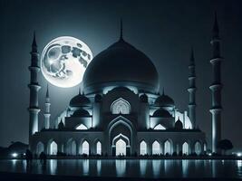 moon shining behind a mosque , islamic eid background generative image photo