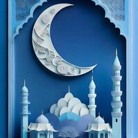 eid background paper art, islamc mosque background with moon, dark color generative eid image photo