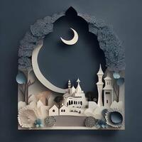 eid antecedentes ai generado papel arte, islámico mezquita antecedentes con luna, oscuro color generativo eid imagen foto