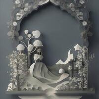 eid background paper art, islamc mosque background with moon, dark color generative eid image photo