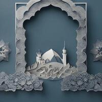 eid background paper art, islamc mosque background with moon, dark color generative eid image photo