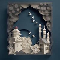 eid background paper art, islamc mosque background with moon, dark color generative eid image photo