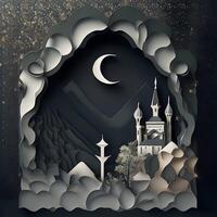 eid background paper art, islamc mosque background with moon, dark color generative eid image photo