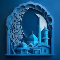 eid background paper art, islamc mosque background with moon, dark color generative eid image photo