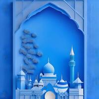 eid background paper art, islamc mosque background with moon, dark color generative eid image photo