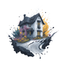 Mysterious house with splash flower background ai generated t shirt design, t shirt design transparent background, watercolour house t shirt design png