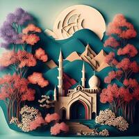 eid background image with mosque and moon and colorful tree, generative islamic background image photo