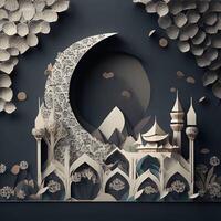 eid antecedentes ai generado papel arte, islámico mezquita antecedentes con luna, oscuro color generativo eid imagen foto