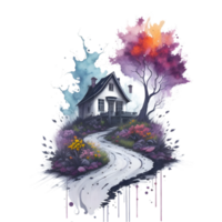 Mysterious house with splash flower background ai generated t shirt design, t shirt design transparent background, watercolour house t shirt design png