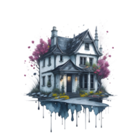 mysteriös Haus mit Spritzen Blume Hintergrund ai generiert t Hemd Design, t Hemd Design transparent Hintergrund, Aquarell Haus t Hemd Design png