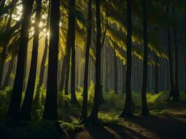 Fantasy forest with rays of light coming through the trees photo