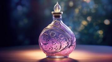 romántico perfume botella con Rosa pétalos foto