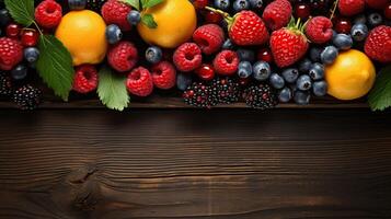 Cool summer fruits on a wood banner background. Copy space. Created with Generative AI photo