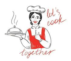 sonriente cocinero cocinar niña participación un plato en su manos y ofrecimiento a cocinar juntos.vector ilustración. vector