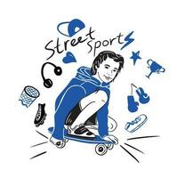 Teenager boy on a skateboard.Street sports.Skateboarding.Sport items set.Vector illustration. vector