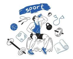 handsome man drinks after a workout in gym. A set of sports items.Vector illustration. vector