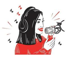 niña mujer personaje youtuber podcast con mic y auricular logo.vector ilustración. vector