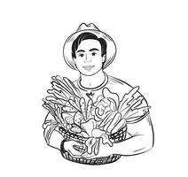 Young farmer in a hat holding a basket of vegetables. Farming.Vector illustration. vector