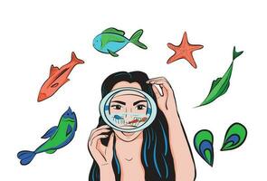 niña en un máscara rodeado por peces.snorkeling.buceo.vector ilustración. vector