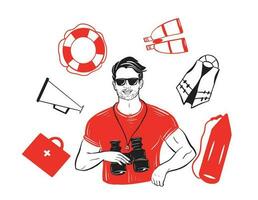 Lifeguard in sunglasses with binoculars.Lifeguard icon set.Vector illustration. vector