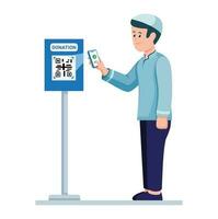 Muslim man Using E-Payment QR Code To Donate Symbol Cartoon illustration Vector