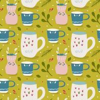 Seamless hand drawn mug and vase pattern on green background. Cute seamless vector in simple formals for textile print or packaging