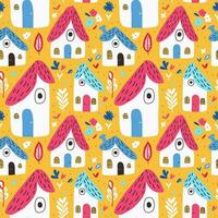 Seamless pattern of fabulous forest houses with flowers and leaves on yellow background. Beautiful baby seamless pattern for fabric print, wallpaper or packaging. vector