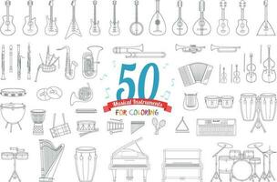 Vector illustration set of 50 musical instruments for coloring in cartoon style isolated on white background