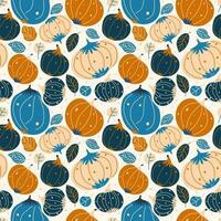 Seamless Scandinavian folk style pumpkin and plant pattern. vector pattern of rustic small blue and orange pumpkins drawn in simple shapes for fall packaging print or for textiles.