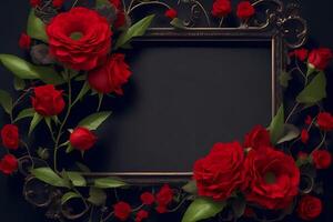 Frame with red flower copy space red roses on dark textured grange background. Bouquet of garden flowers, photo