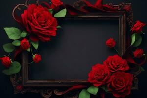 Frame with red flower copy space red roses on dark textured grange background. Bouquet of garden flowers, Ai generative photo