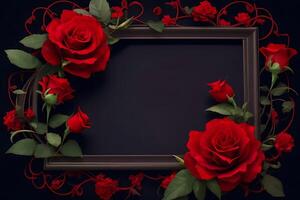 Frame with red flower copy space red roses on dark textured grange background. Bouquet of garden flowers, Ai generative photo