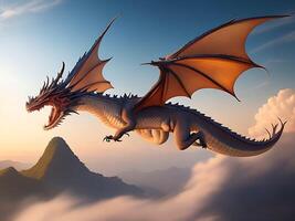 colossal, ancient dragon perches on a mountaintop, with a vast, sprawling fantasy world visible in the background, emphasizing the creature's majesty and power, rendered in a detailed. photo