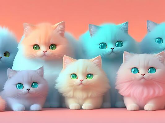 Lots of cute cats with colored hair in pastel colors. Isolated on a orange  background. Unusual contemporary art style wallpaper, lots of fluffy cats.  Generative AI 3d render imitation 25909361 Stock Photo