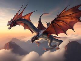 colossal, ancient dragon perches on a mountaintop, with a vast, sprawling fantasy world visible in the background, emphasizing the creature's majesty and power, rendered in a detailed. photo