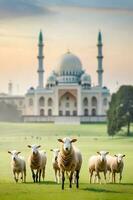 A Pack of sheeps in the middle of mosque grassfield photo