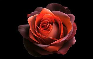fresh red rose with green leaves on black background - AI generated photo