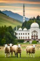 A Pack of sheeps in the middle of mosque grassfield photo
