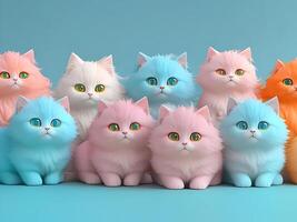 Lots of cute cats with colored hair in pastel colors. Isolated on a orange background. Unusual contemporary art style wallpaper, lots of fluffy cats. 3d render imitation photo