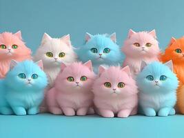 Lots of cute cats with colored hair in pastel colors. Isolated on a orange background. Unusual contemporary art style wallpaper, lots of fluffy cats. Generative AI 3d render imitation photo